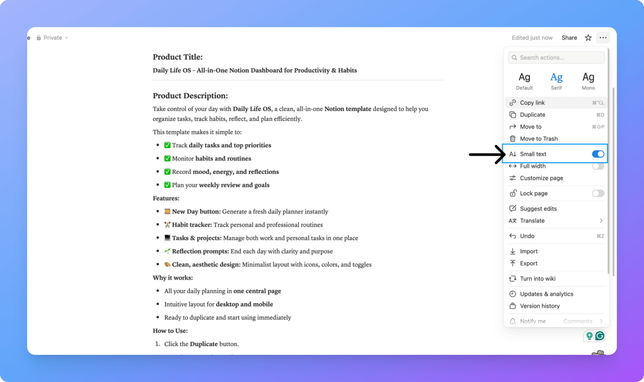 Notion page menu with Small Text toggle enabled.