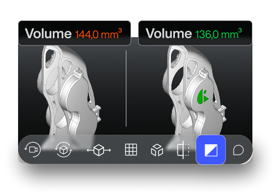CAD ROOMS Viewer showing a visual comparison between CAD file versions during a design review. Explore measurement tools, 3D annotations, and CAD Diffing.