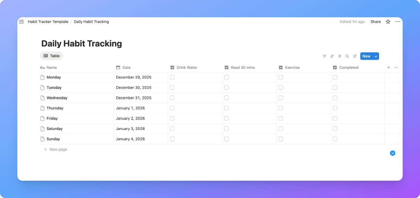 Setting up habit tracker properties in Notion with date and checkbox fields