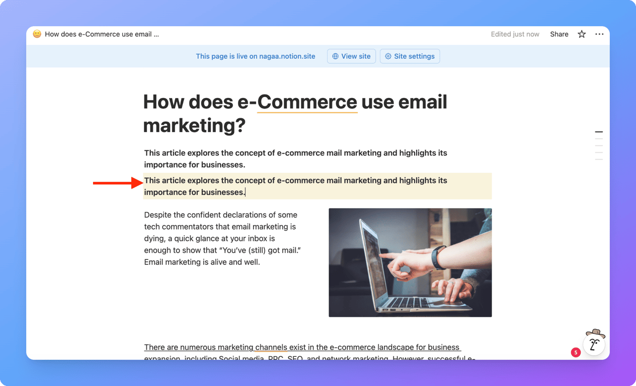 Typing text in highlighted Notion block