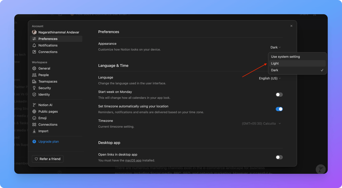 Disabling Notion dark theme