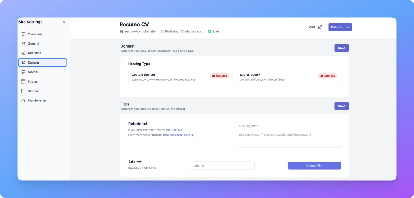Connecting a custom domain to a resume website in Bullet.so