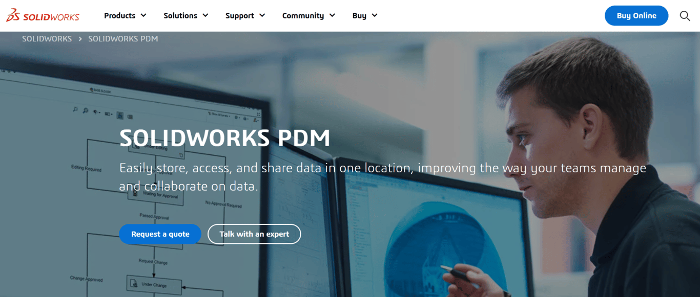 Vista del vault de SOLIDWORKS PDM Professional mostrando check-in/check-out y control de versiones de archivos CAD