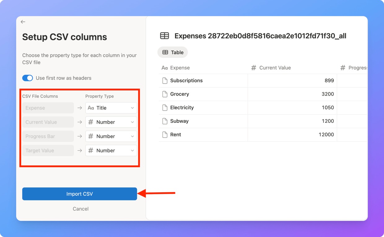 Adjusting column property types while mapping CSV fields in Notion