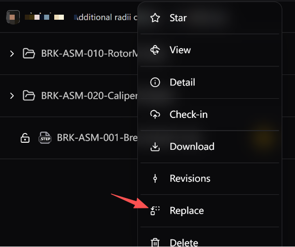 Faites un clic droit sur un fichier CAO extrait et sélectionnez Replace pour téléverser une nouvelle version dans CAD ROOMS.