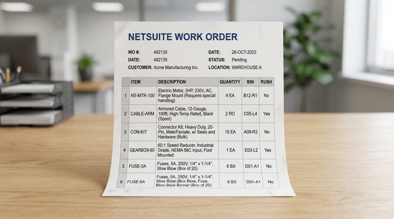 NetSuite work order PDFs: fix fields, bins, and due dates (Advanced PDF/HTML)