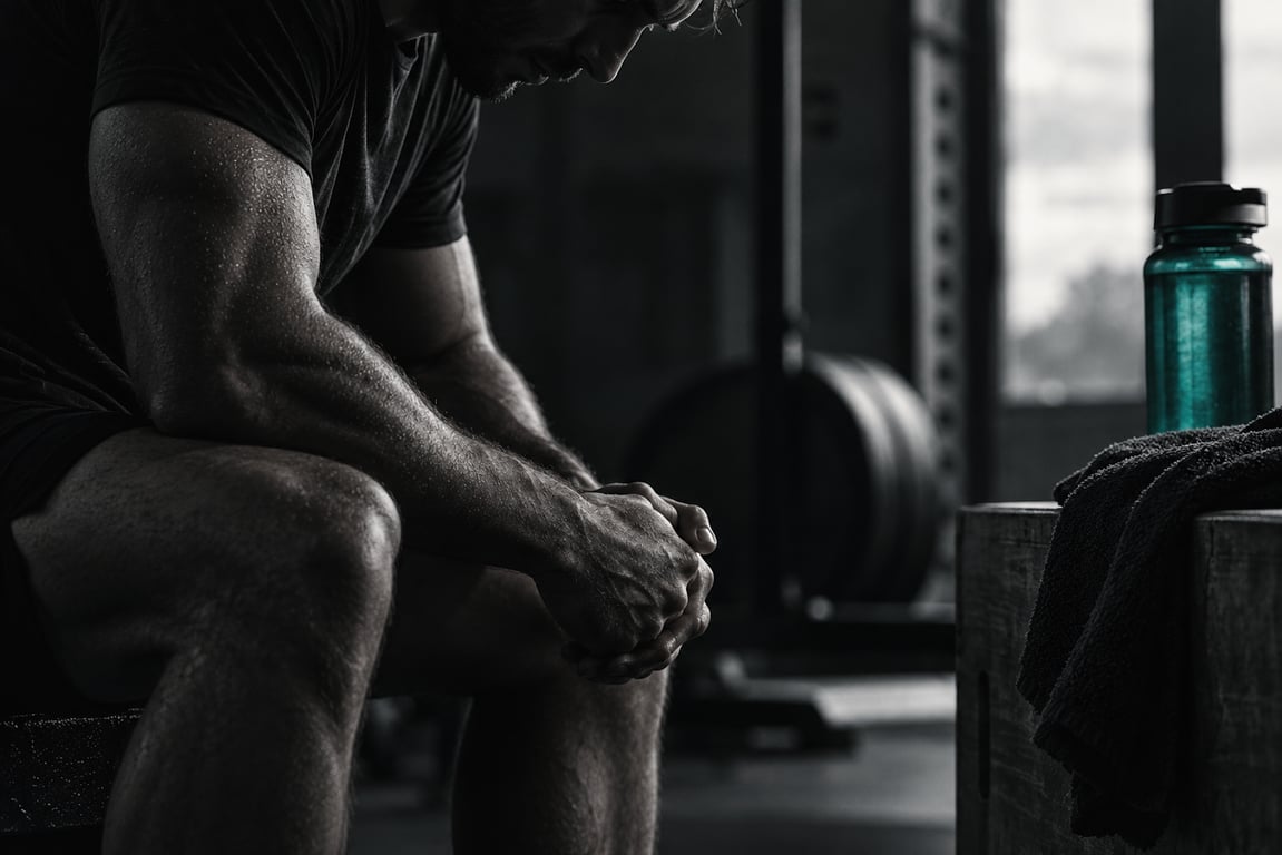 Un athlète se repose dans une salle d’entraînement sombre, avec du matériel préparé à proximité pour une nouvelle séance.