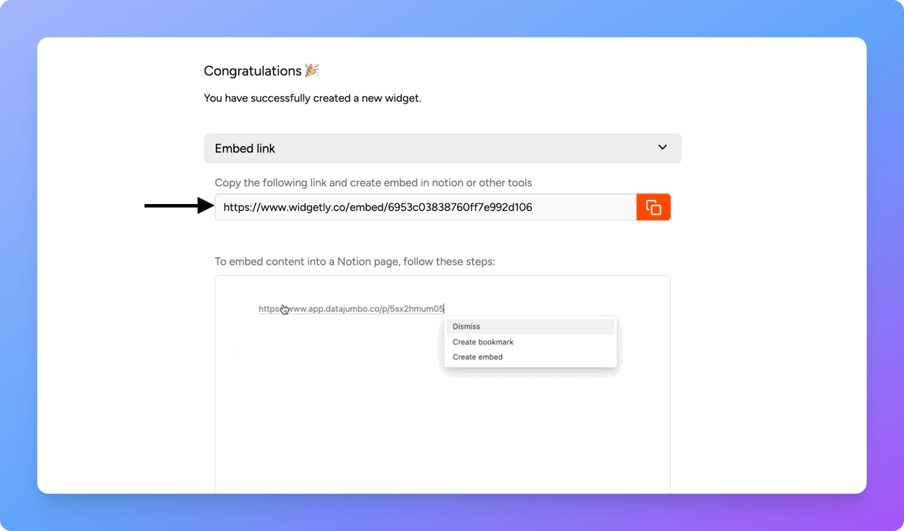 Copy embed code for timer widget