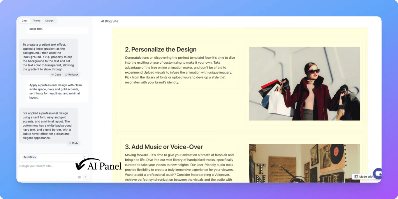Bullet AI Panel to customize your design with normal prompts