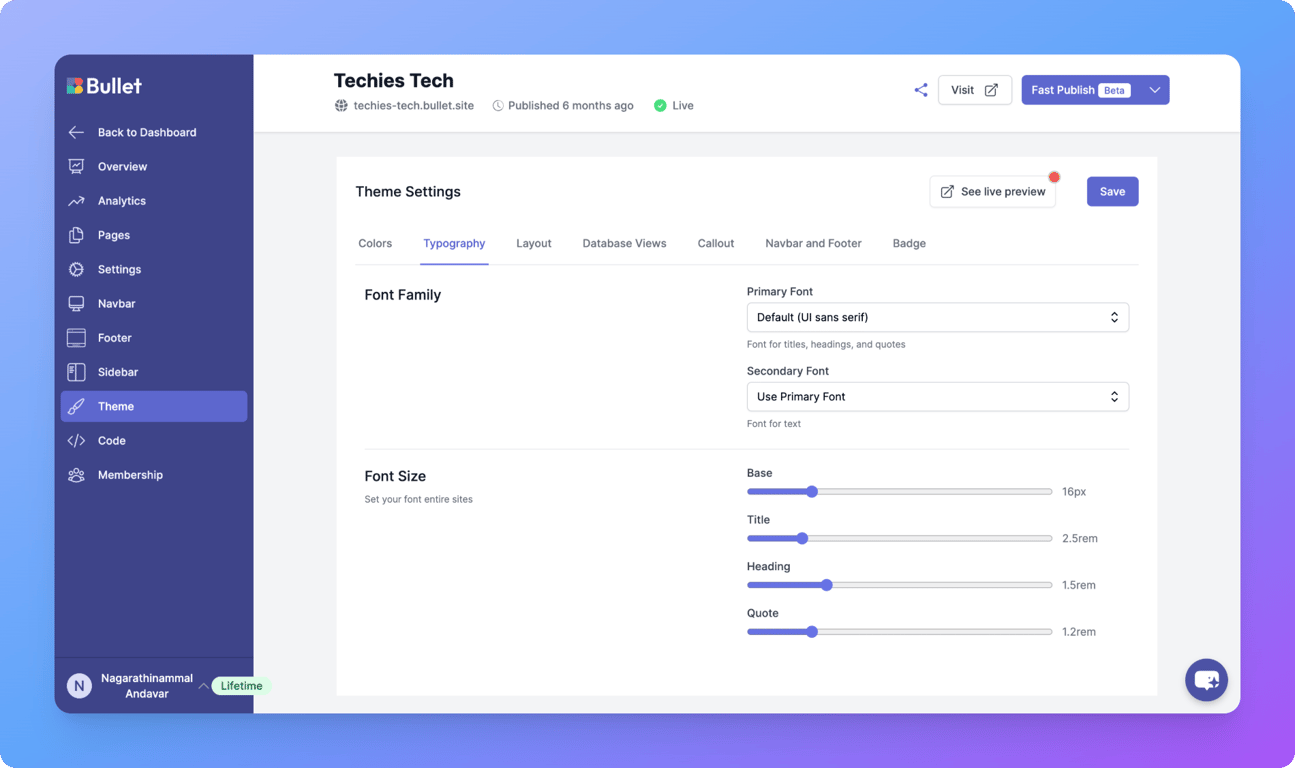 Bullet.so font settings showing custom font and size