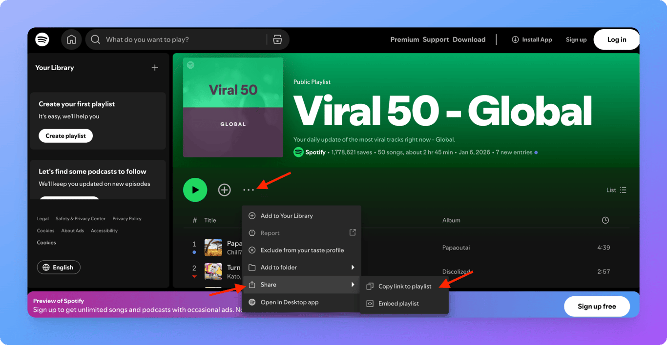 Spotify share menu showing embed option for playlists