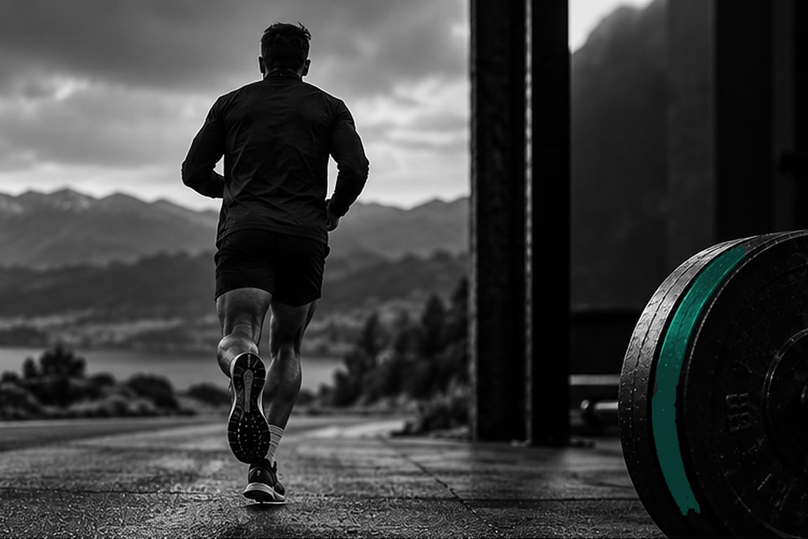 Un coureur s’éloigne d’un espace de musculation où repose une barre chargée, dans un même environnement d’entraînement.