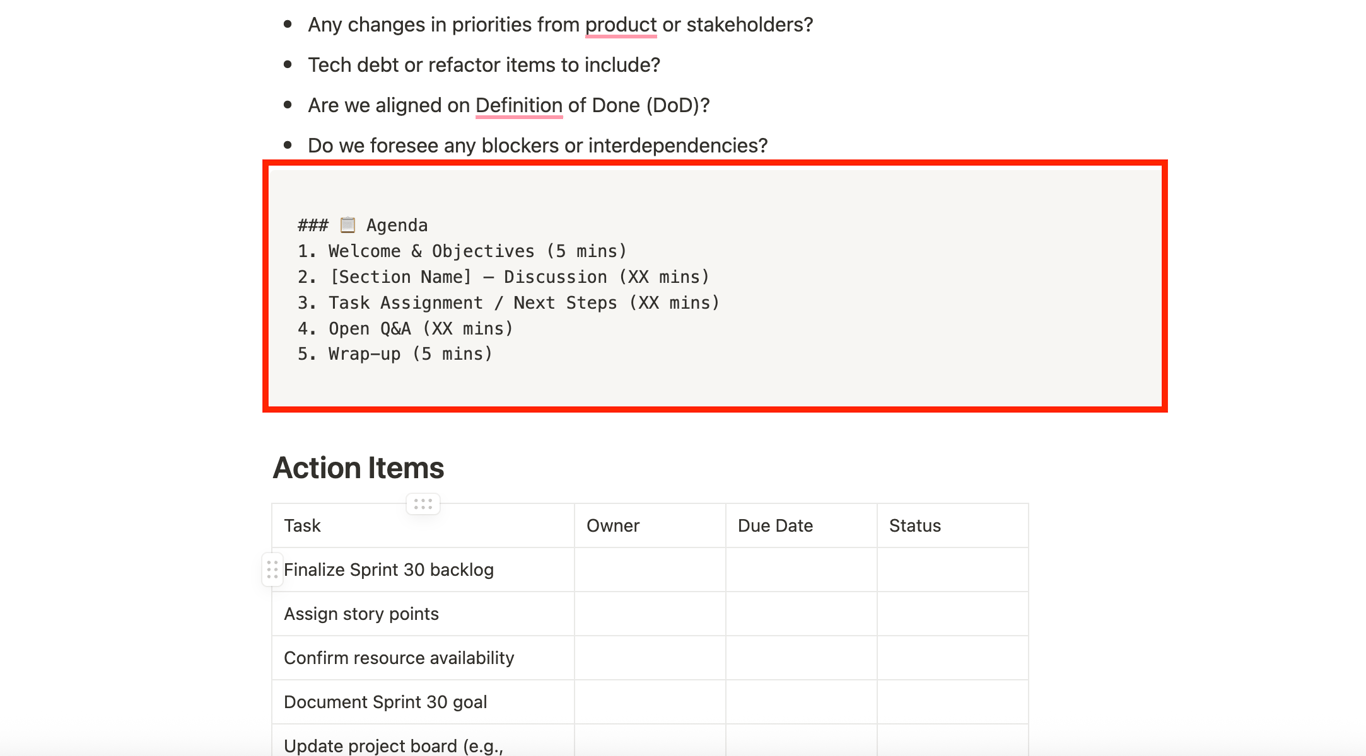 Screenshot of a Notion page using multiple content blocks like text, to-do lists, and tables.