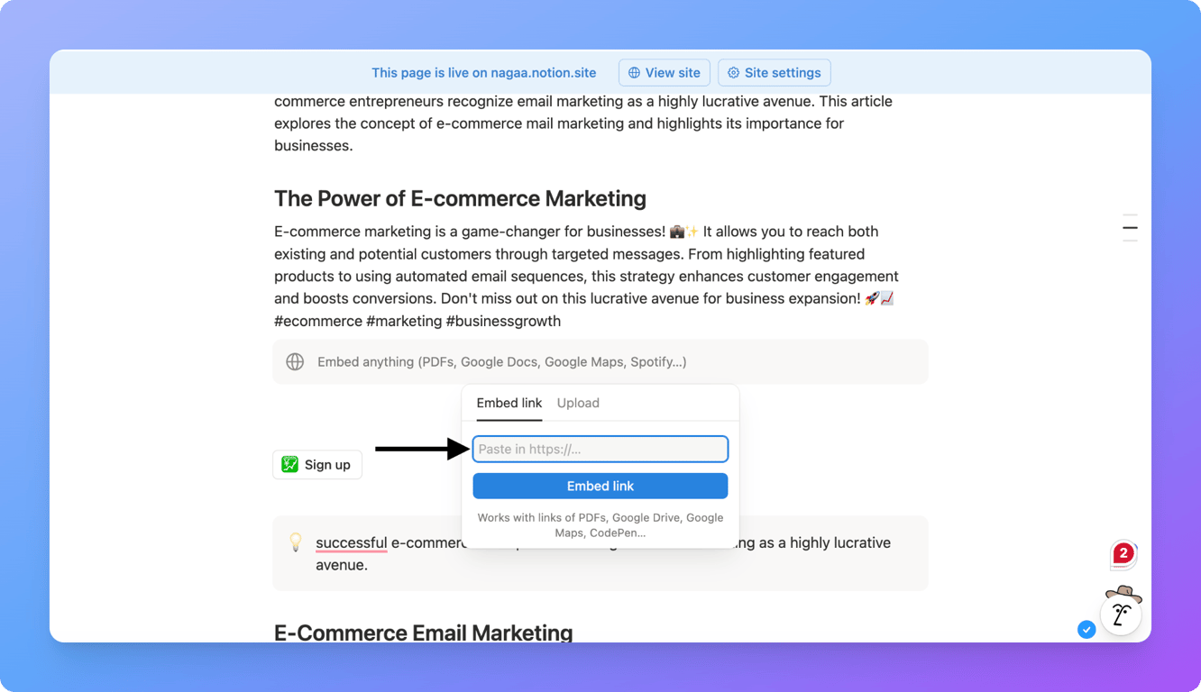 Using embed block in a Notion page