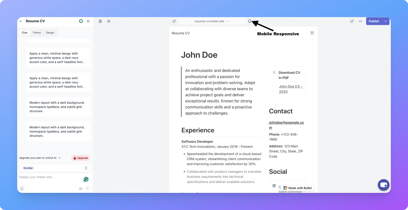Previewing a Notion resume website on mobile screen