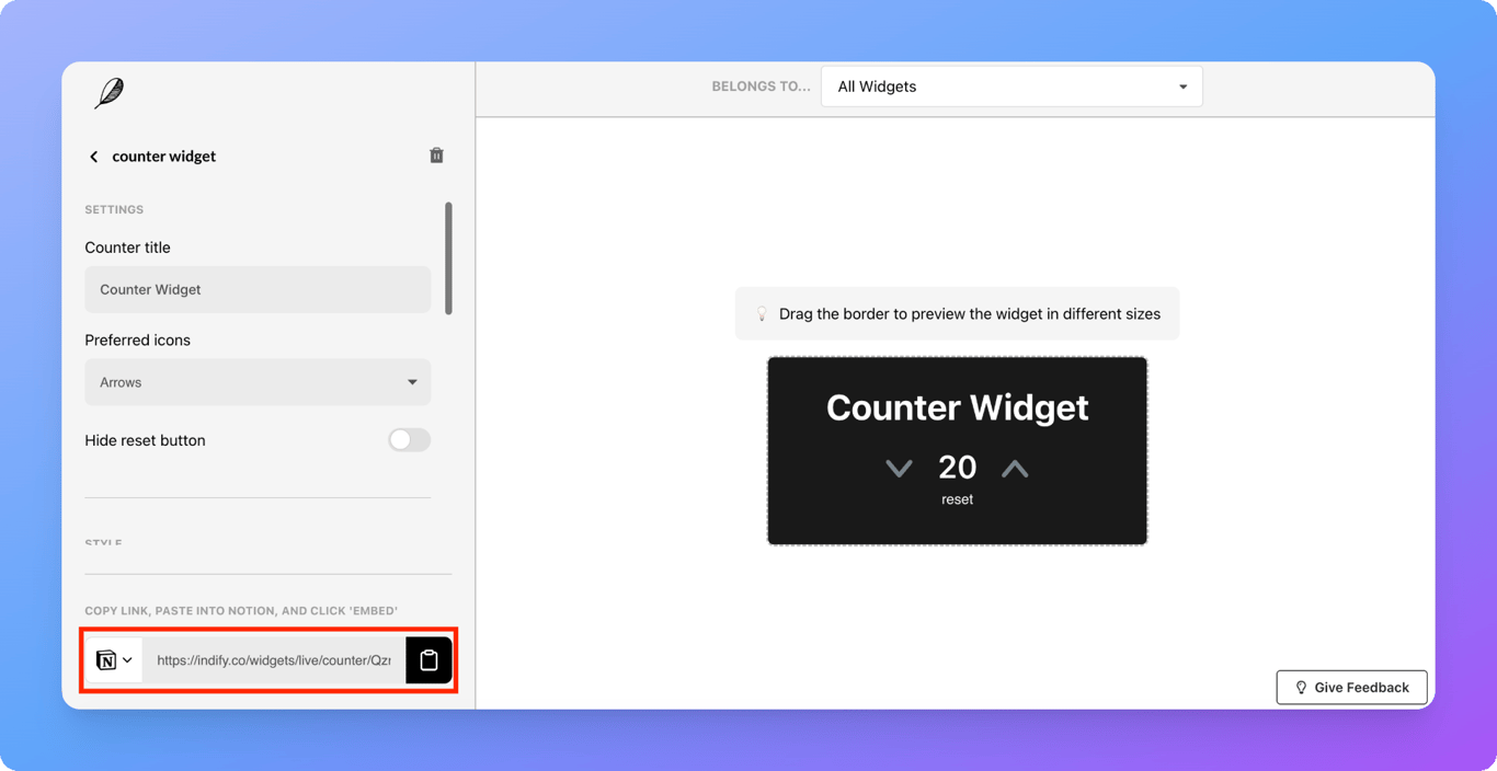 Copying a widget embed link for Notion
