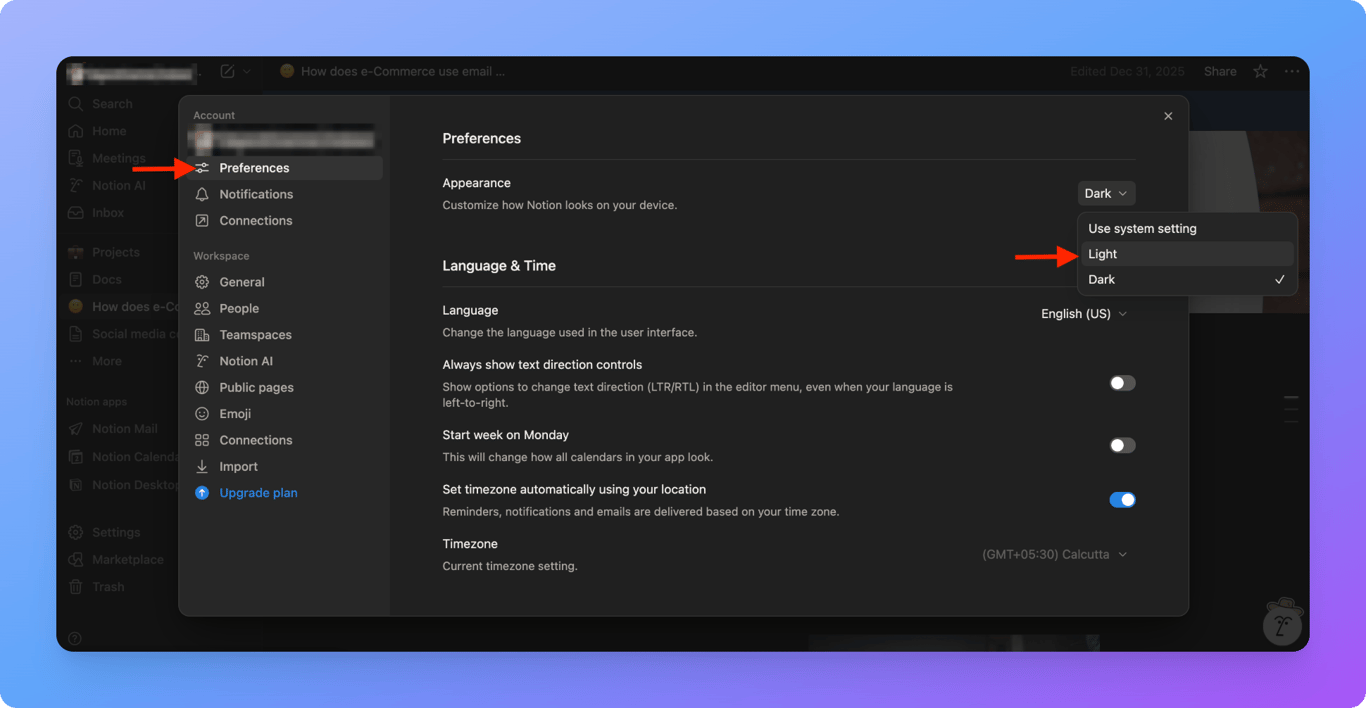 Notion light and dark mode settings