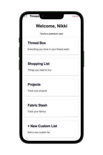 A screenshot of Thread Stash featuring all the features available: Thread Box, Shopping List, Projects, Fabric Stash, and the option to add a custom list.