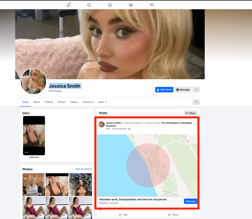 Example of a malicious account using the help feature to encourage users to make contact 