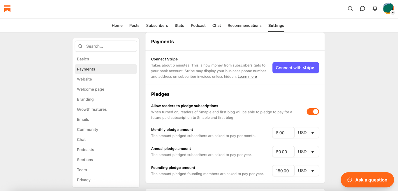 Substack Pricing setup screen