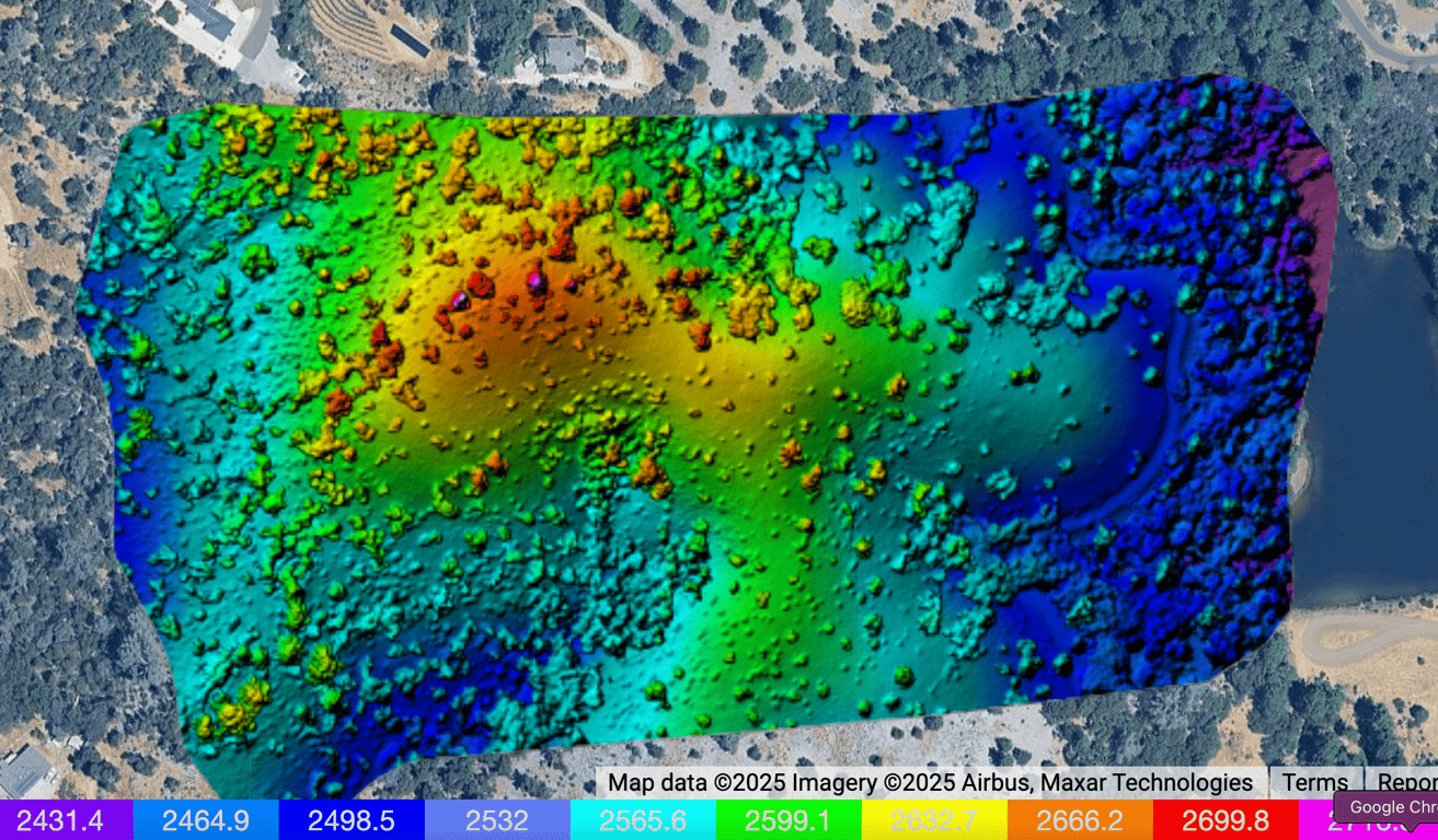 Here is an elevation map including vegetation of the Woodland Hilltop Arbory. This map was developed using an aerial drone and map inference software as part of our technology + forest management prototyping efforts . 