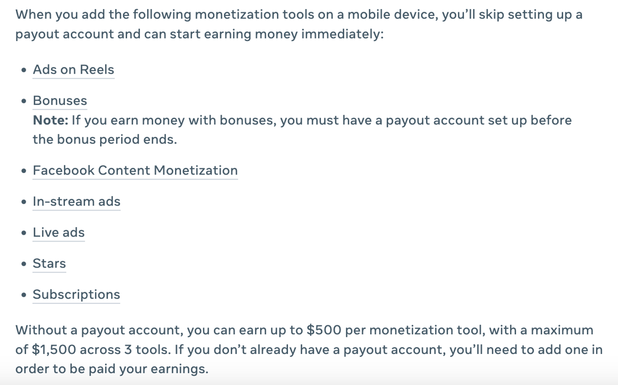Source: How to set up payouts on Facebook help center page 