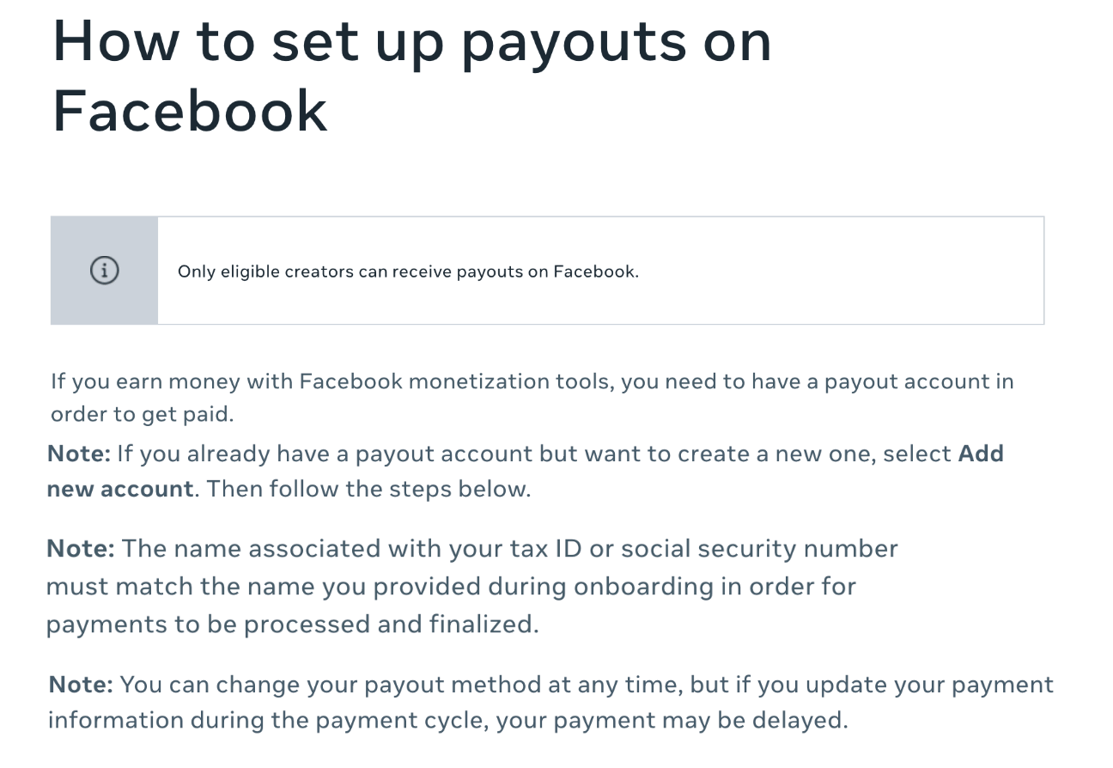 Source: How to set up payouts on Facebook help center page 