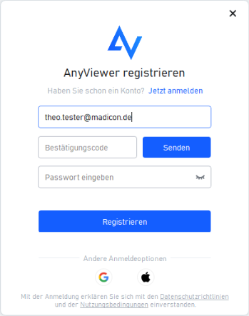 Dialog zur Registierung
