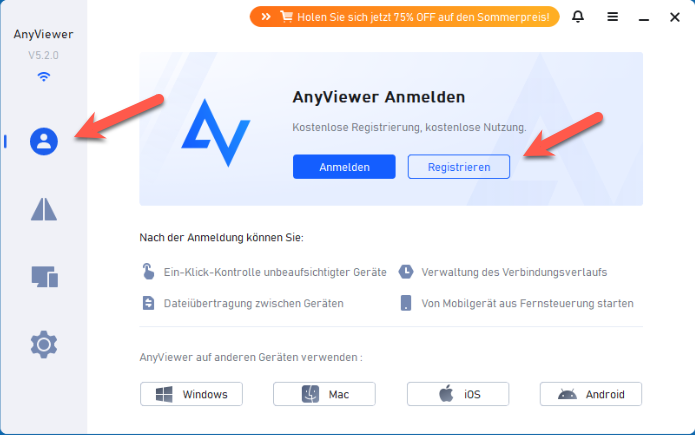 Registrierung eines Accounts bei AnyViewer