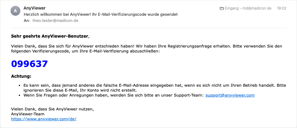 Mail mit dem Verifizierungscode