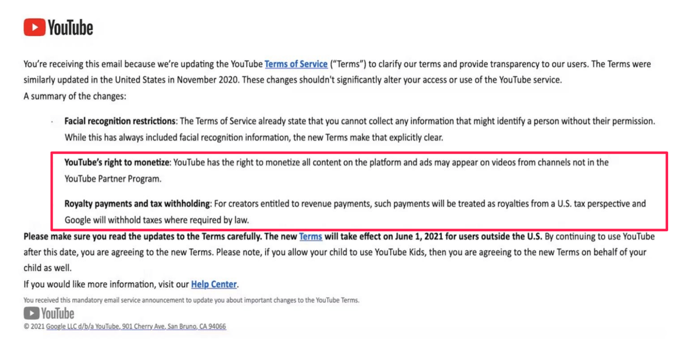 YouTube’s email notifying creator of changes to its Terms of Services