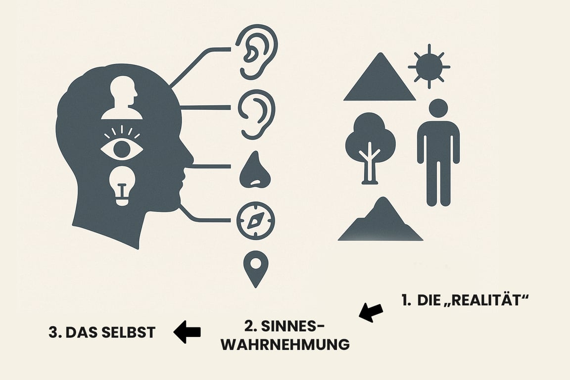 Die Realität (1.) erzeugt Sinneseindrücke (2.). Diese Sinneseindrücke geben dem Selbst (3.) eine Wahrnehmung von “der Realität”. 
Die Realität, die das Selbst erzeugt, ist jedoch nicht “die Realität”, sondern seine eigene Realität.