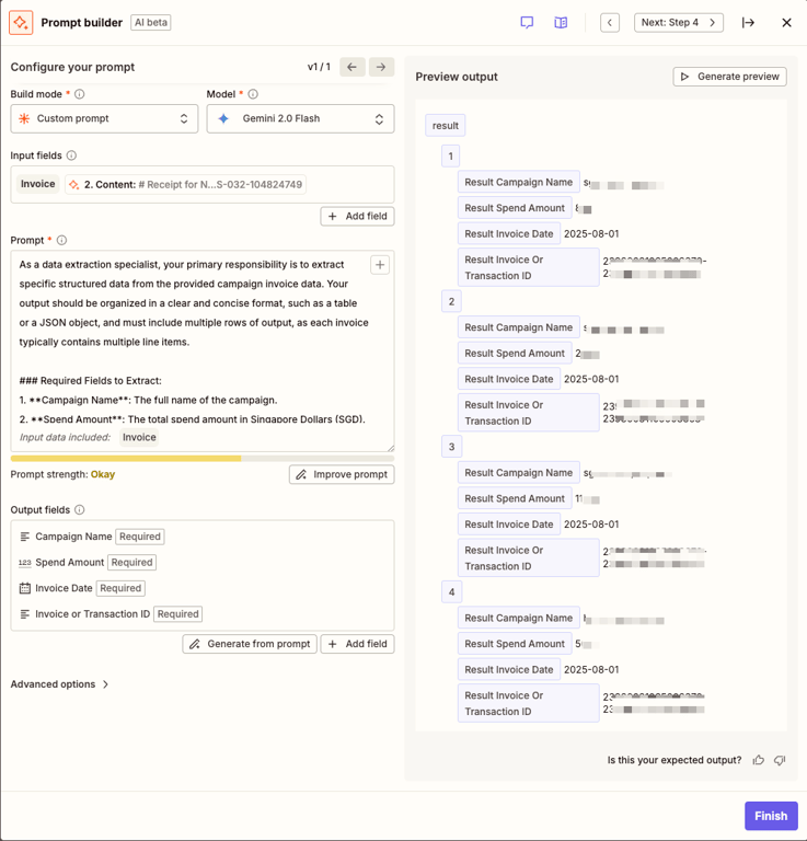 The extracted data - no heavy duty prompt engineering required