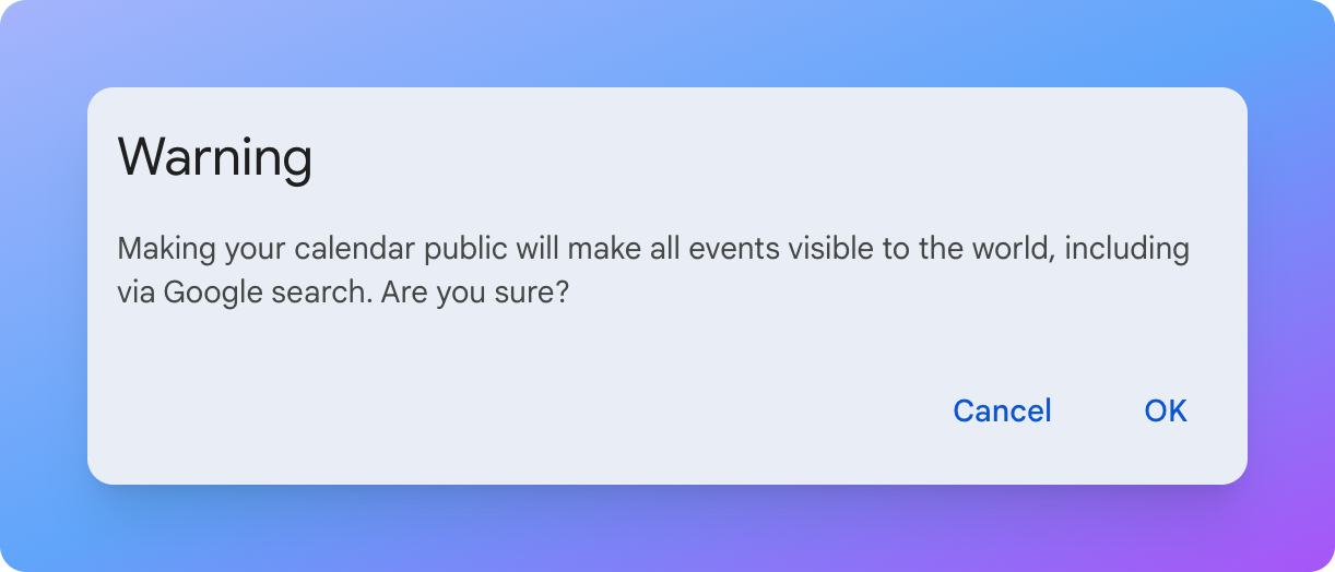 Pop-up message for setting Google Calendae public