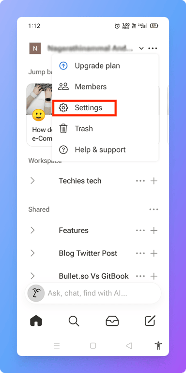 Settings page on Notion in mobile device