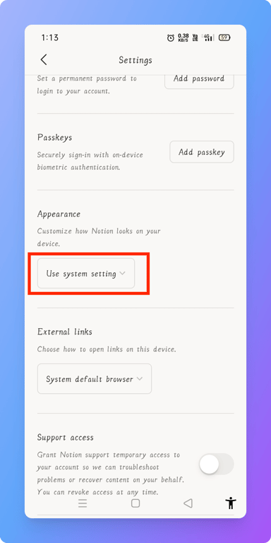 Changing to dark mode in notion on mobile device