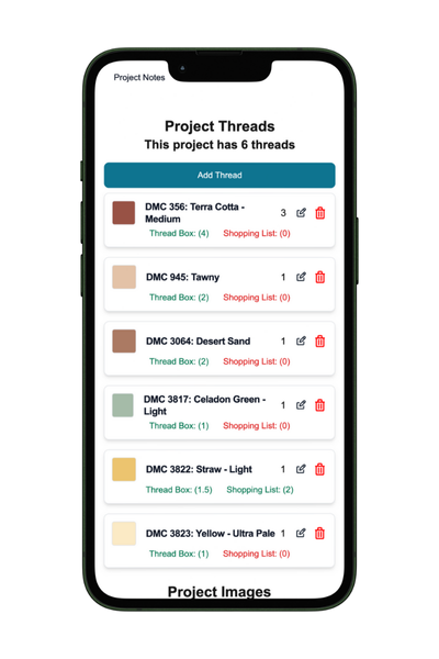 A screenshot of the project threads highlighting how many threads are needed by a project, how many are in the Thread Box, and how many are on the Shopping List.