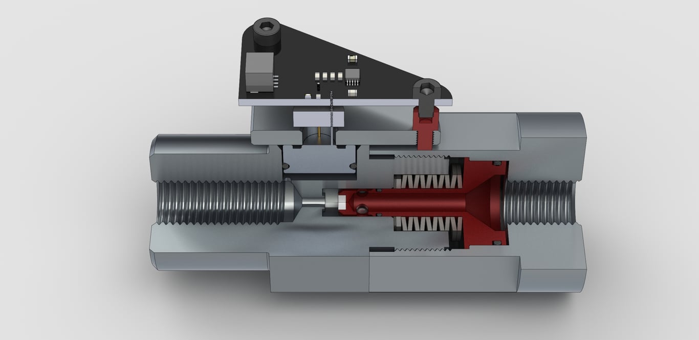 Cross section of high flow gas regulator with an integrated sensor that I designed, built, and tested.