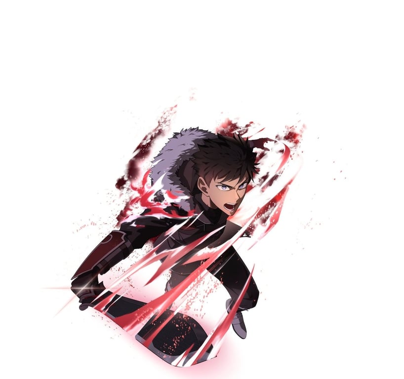 Character art of Rudd, an adventurer, from the upcoming Monster Eater light anime. Rudd is a handsome young man with light brown hair. He wears leather armor with a fur-lined collar and slashes dramatically with a broadsword in his right hand.