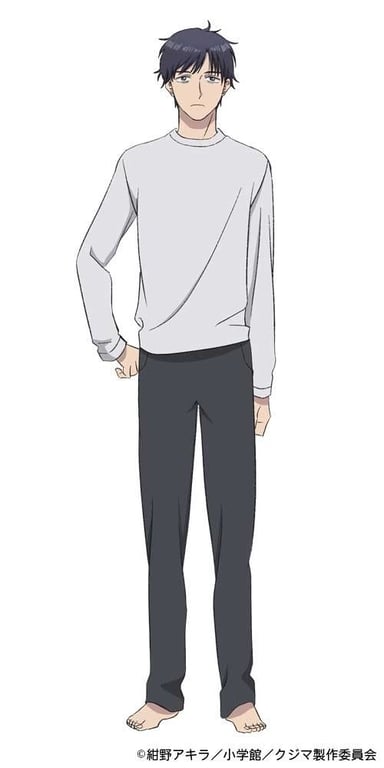 Character art of Suguru Kouda - a tall, slender young man with messy dark hair and dark circles under his eyes - from the upcoming Kujima: Why Sing, When You Can Warble? TV anime. Suguru is dressed in a light gray sweater and dark gray sweat pants. His feet are bare.