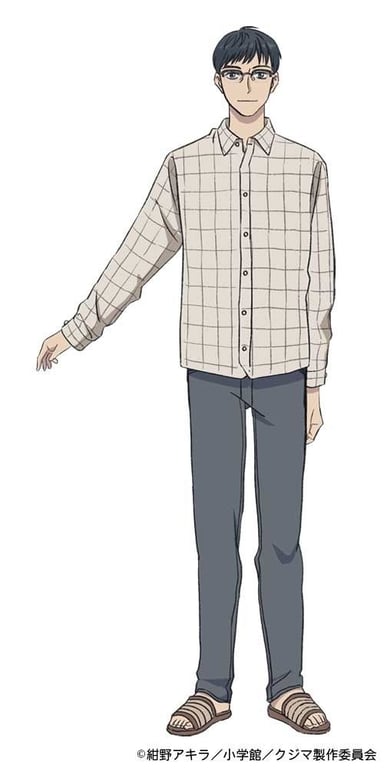 Character art of Masaomi Kouda - a slender middle-aged man with short dark hair and grey eyes - from the upcoming Kujima: Why Sing, When You Can Warble? TV anime. Masaomi wears a long-sleeved checkered shirt that is off-white in color,  gray slacks, brown house sandals, and glasses. His eyes look tired, but he is smiling gently.