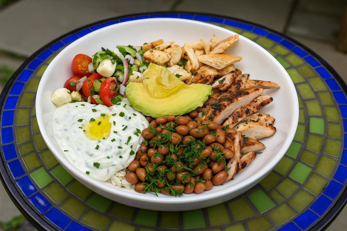 The Mediterranean Everything Bowl: Grilled Chicken, King City Beans & Caprese Salad Remix