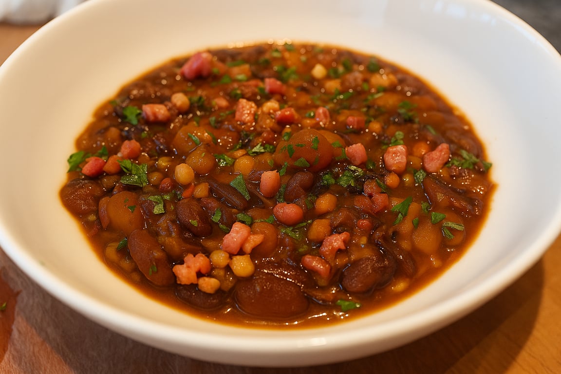 Borlotti Bean & Farro Stoup with Pancetta, Cabbage & Herbs