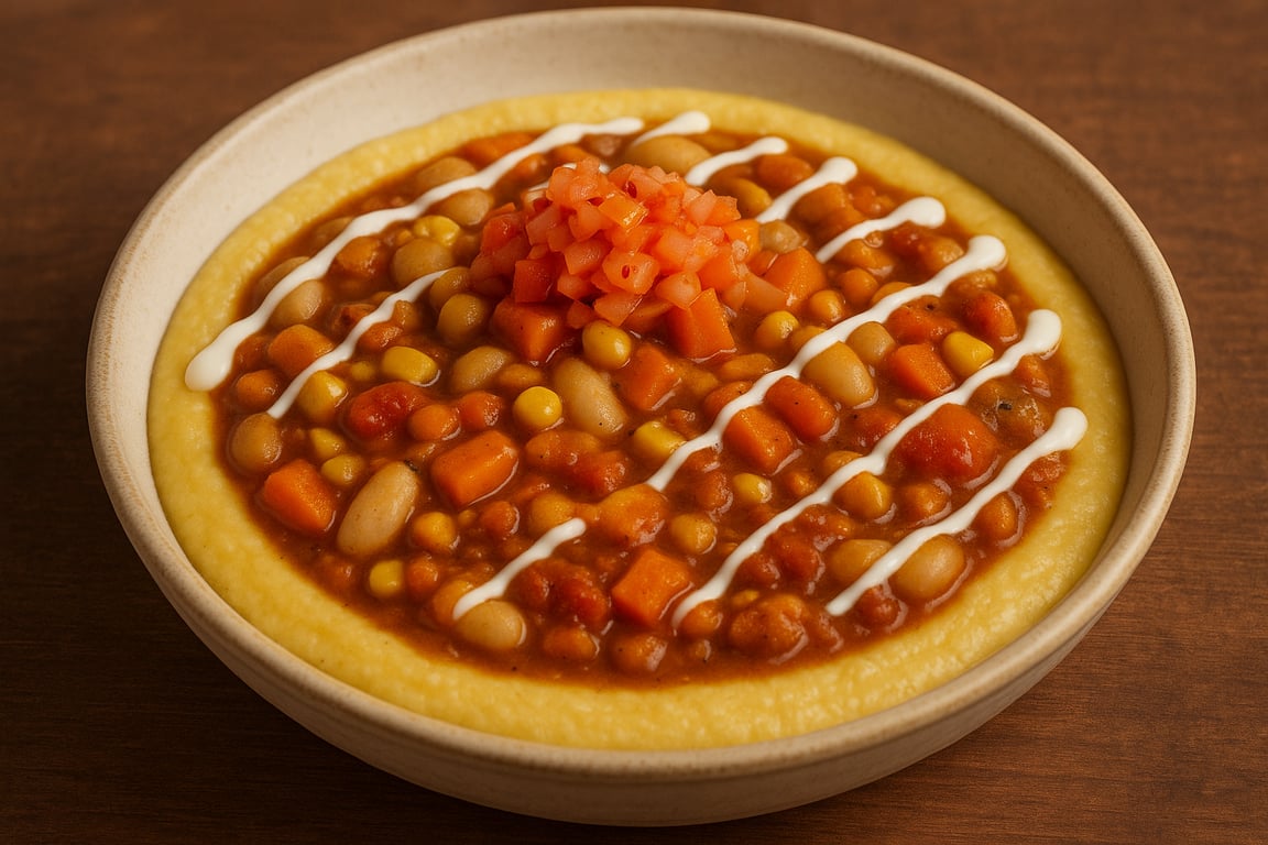 Southwest White Bean Stew Over Polenta with Korean Pickled Radish & Sour Cream Drizzle