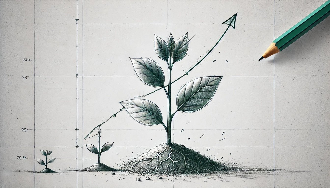 DALL·E 2025-07-03 10.05.45 - A realistic pencil sketch illustration of a growing plant. The image shows a small sprout emerging from the soil and gradually developing into a large.webp