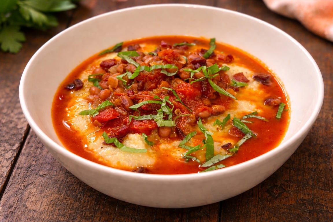Creamy Polenta with Tomato Beans and Pancetta (Italian-Style Recipe)