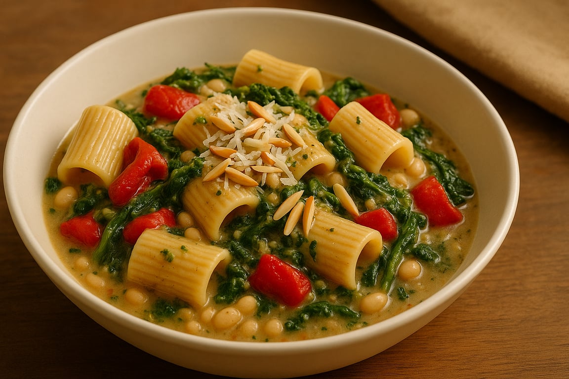 Mezze Maniche with Roasted Red Pepper, White Beans, Broccoli Rabe & Pecorino Romano