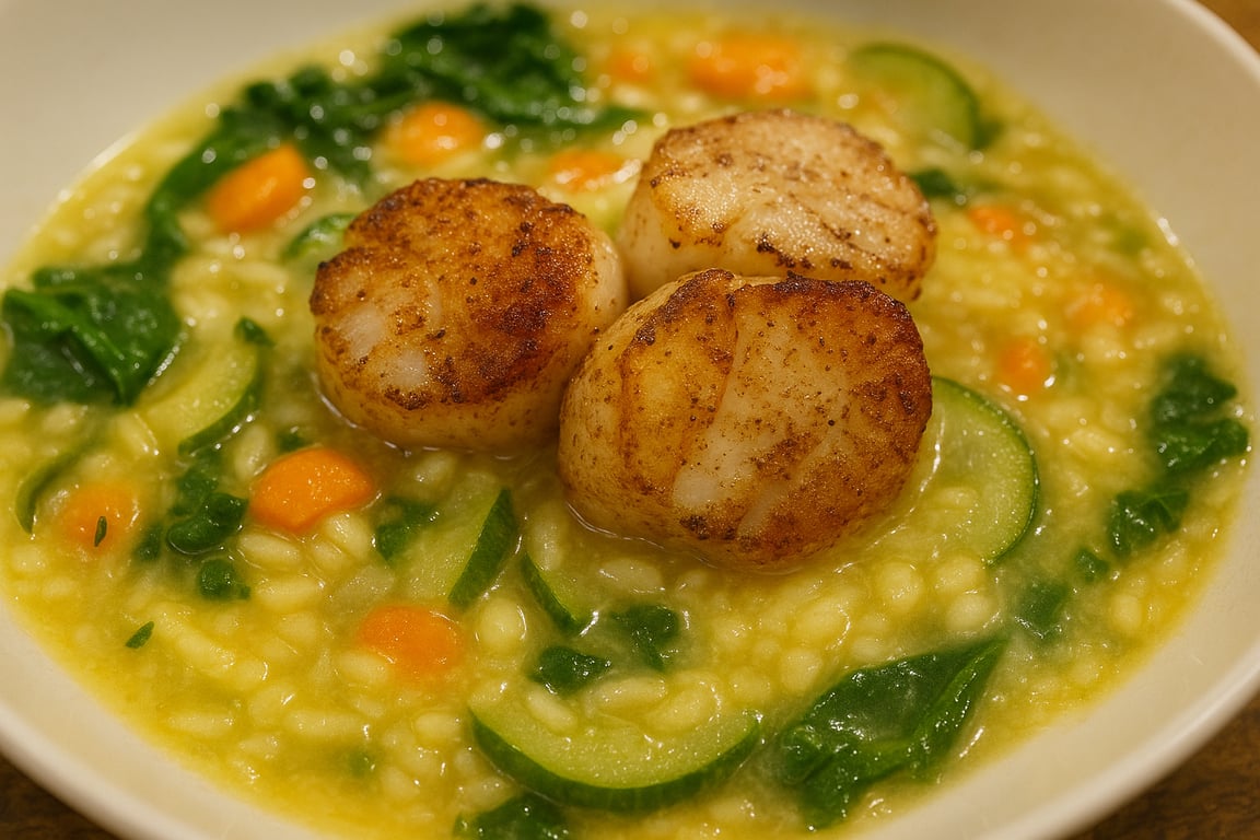 🐚 Sautéed Scallops Over Brothy White Beans with Zucchini, Spinach & Saffron