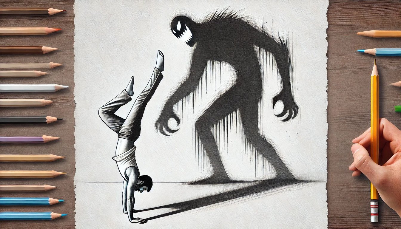 DALL·E 2025-07-03 10.16.13 - A pencil sketch illustration of a handbalancer conquering their inner fear. The image shows a person performing a handstand confidently while facing a.webp