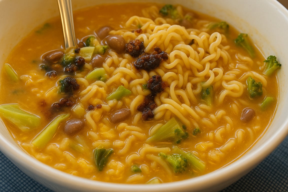 Shin Black Banger: Spicy Ramen with Veggies, Cheese & Swirled Egg